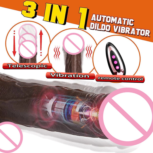 Black Realistic Heating Dildo with Telescopic Vibration
