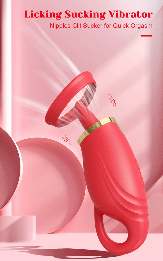 Detailed view of the 2-in-1 SparkleRose showing 3 intense vacuum suction levels and 5 rhythmic tongue licking modes that mimic realistic oral sensations for clitoral arousal.