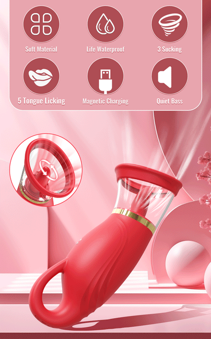 Demonstration of the dual-functional rose vibrator, highlighting the ability to switch between independent suction and flickering tongue modes for versatile clitoral stimulation.