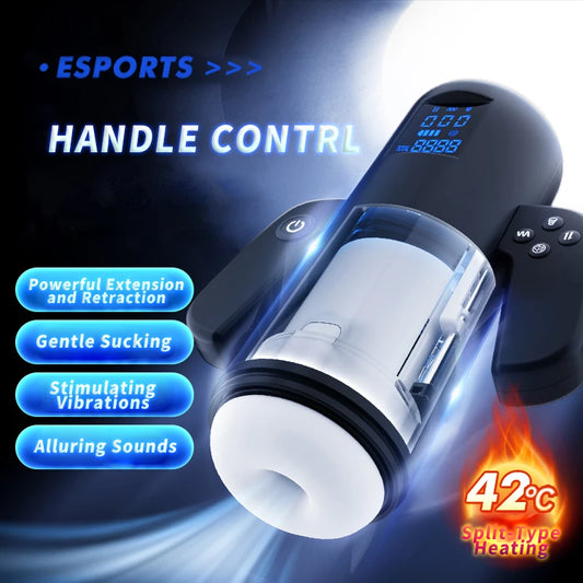 Auto Telescopic Male Toy with Handle, Heat, Sucking Thrusting Vibration