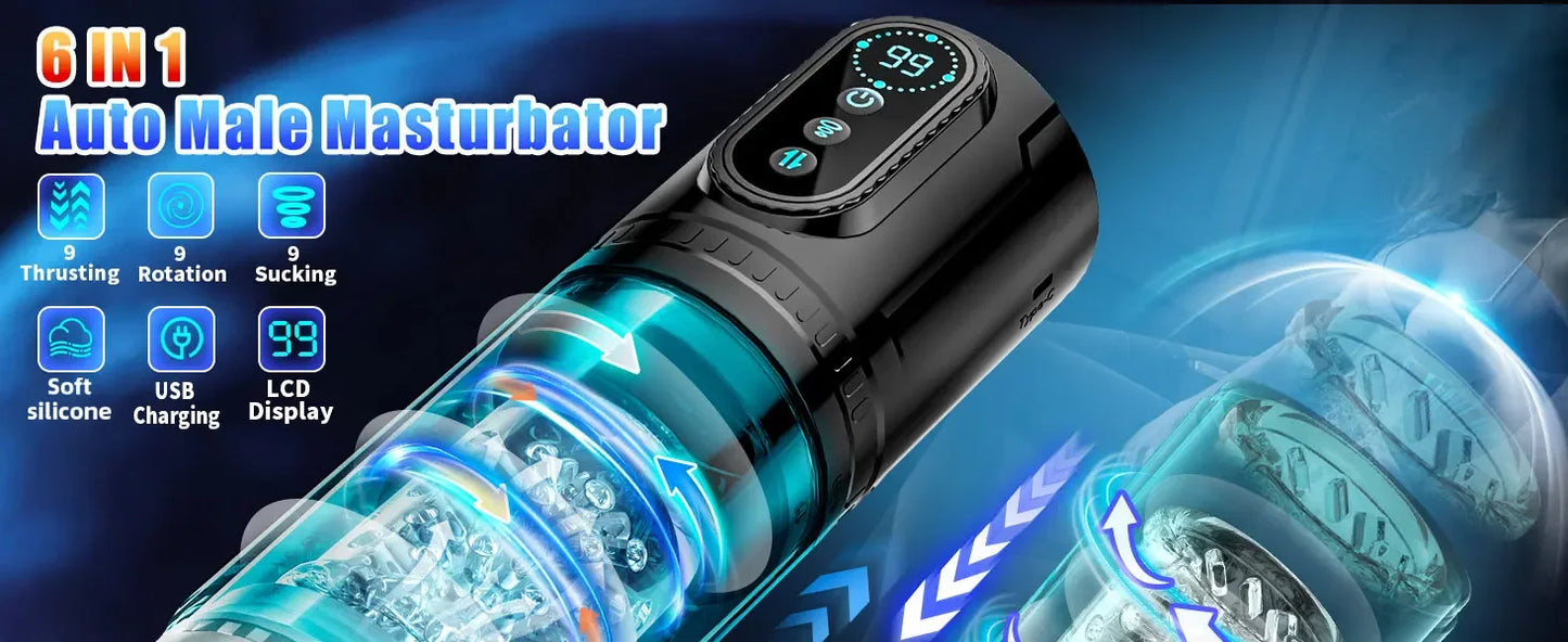 Telescopic Sucking Masturbator for Men with LCD Display & Rotating Blowjob