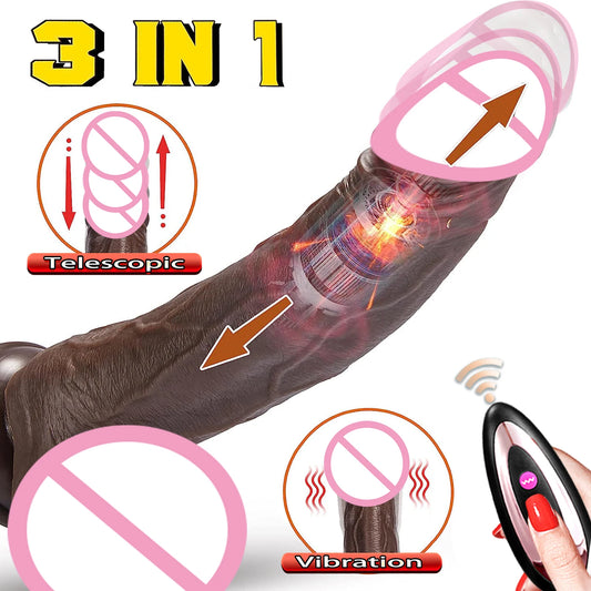 Black Realistic Heating Dildo with Telescopic Vibration