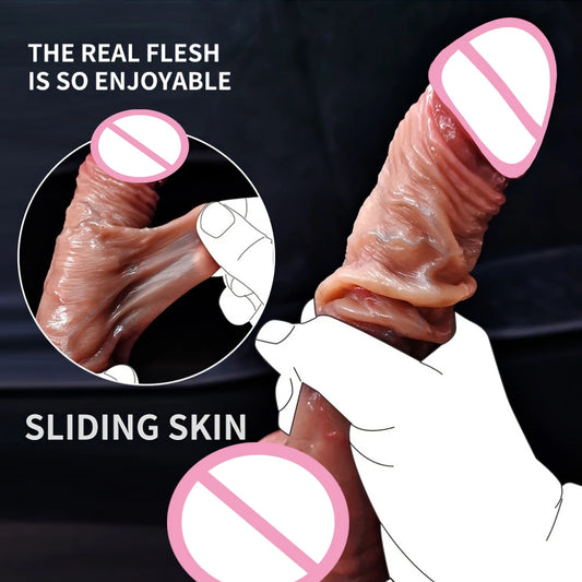 Realistic Pushing Dildo with Sliding Foreskin & Balls for Women & Anal