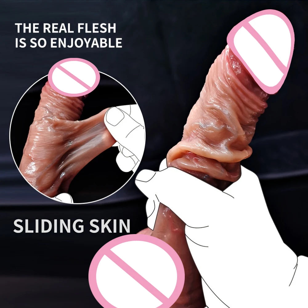 Realistic Dildo with Sliding Foreskin & Balls for Women, Lesbian & Anal Play