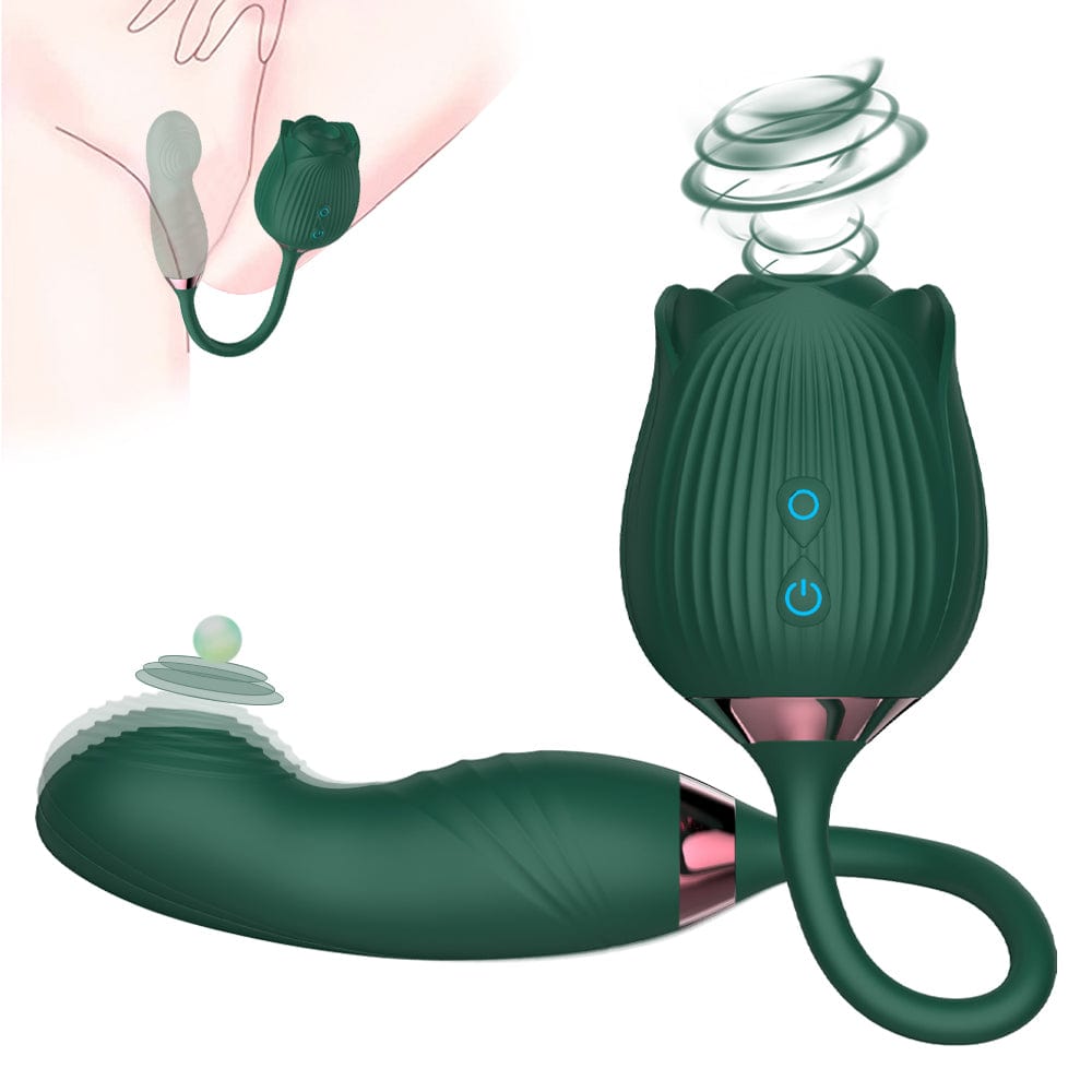 Green Rose Sucking & Thrusting Vibrator | 10-Mode Air-Pulse Clitoral Tongue